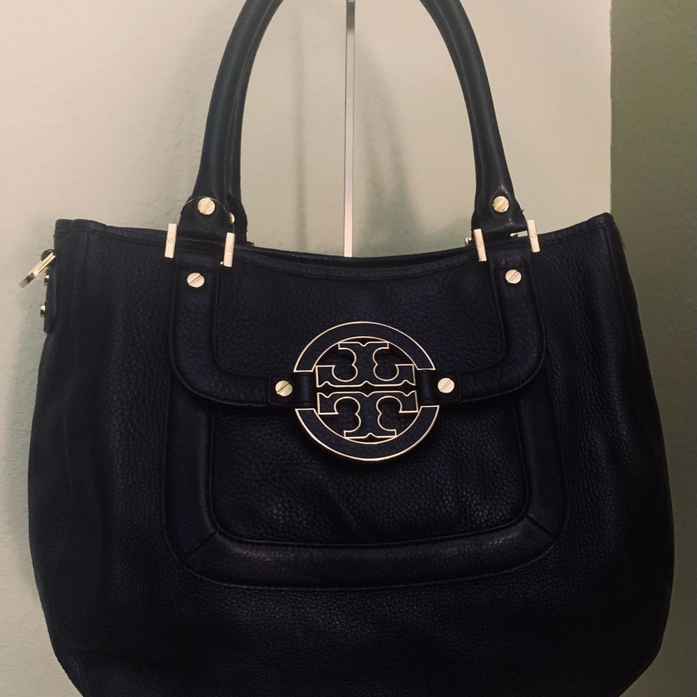 Tory Burch Black Leather Tote Shoulder Bag.